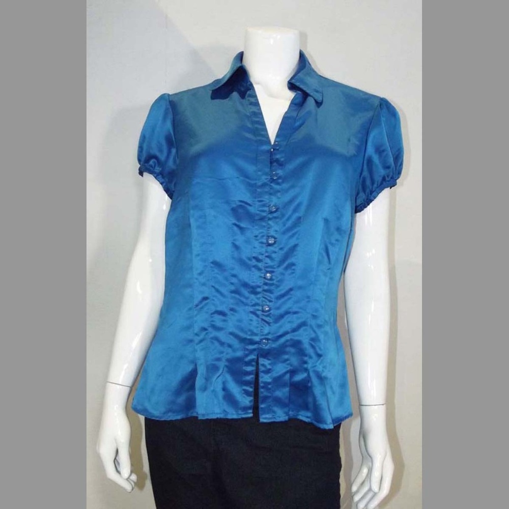 Blue Satin Button Up Short Sleeved Blouse - Large